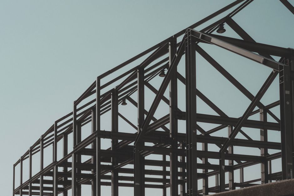 Steel structural framework at a construction site