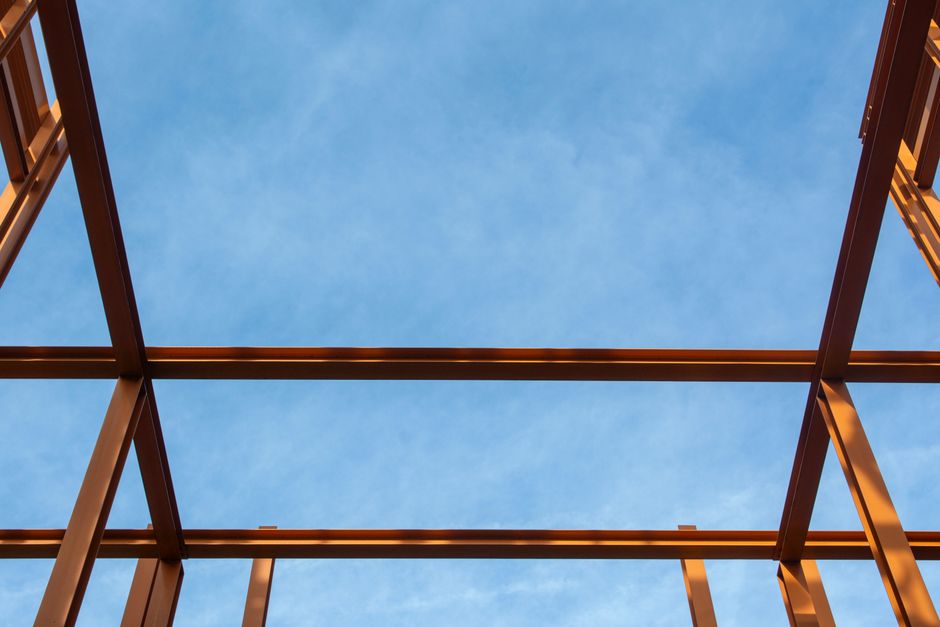 Steel beam framing at a construction site